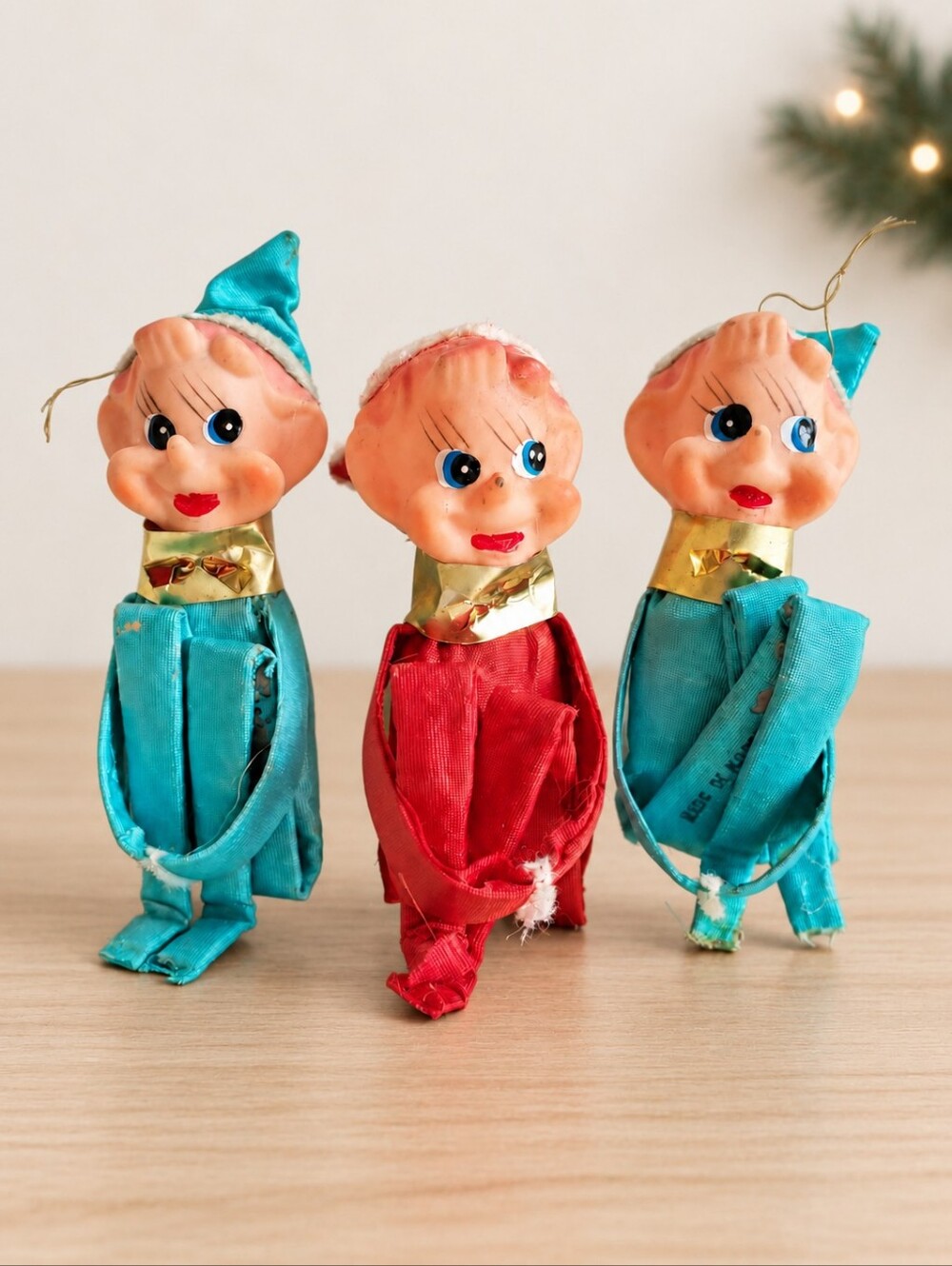 CHRISTMAS ORNAMENTS Knee Hugger Pixie Elves Korea Satin Lot 3 Vintage MCM Kitsch